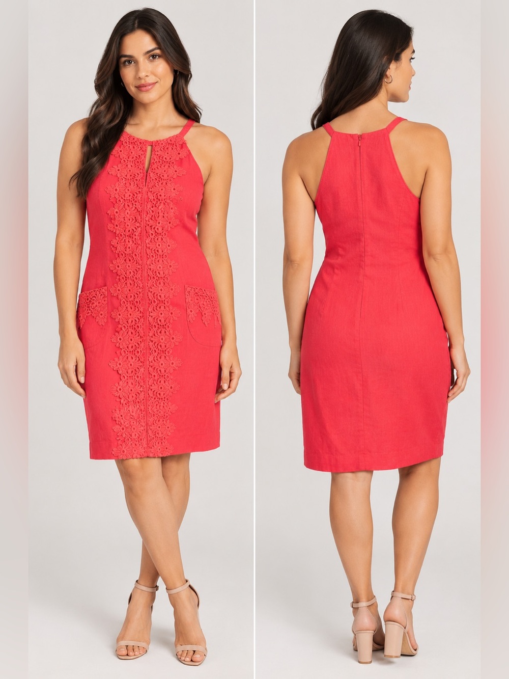 Le Chateau Sleeveless Coral floral Lace-Front Sheath Dress size small